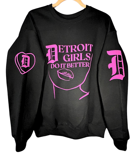 “DETROIT GIRLS DO IT BETTER” LOVE DETROIT CREWNECK IN BLACK & HOT PINK